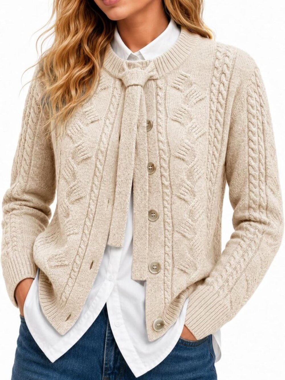Cozy Women's Wool Button-Up Cable Knit Cardigan Sweater for Fall/Winter
